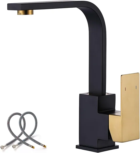 WOWOW Single Hole Bar Sink Faucet Black and Gold Single Handle Bar Faucet Modern Mini Bar Faucet with Water Supply Hose 360 Swivel RV Sink Faucet Small Wet Bar Sink Faucet Black and Brushed 