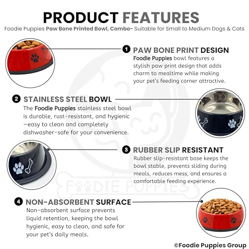 Image of Foodie Puppies Stainless Steel Dog Bowl Combo - (Medium, 700ml) Food and Water Feeding Gift Bowl | Suitable for Dogs, Cats and Other Pets I Paw Bone Print, Anti-Skid Rubber Base (Black + Red)