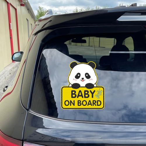 Image of 2PCS Panda Baby On Board Sticker for Cars, Cute Highly Reflective Kids in Car Sticker Sign for Car Window Bumper Truck Auto Warning Decals (Yellow)