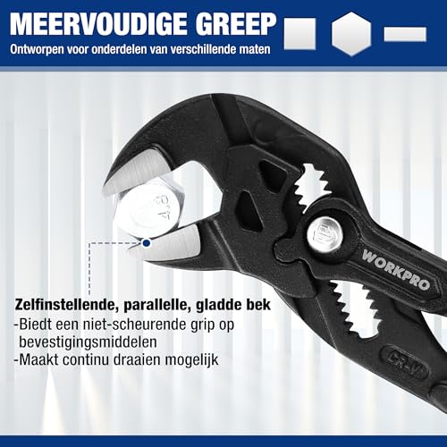 WORKPRO snel verstelbare waterpomptang 180 mm, grijpt tot 40 mm, zonder tanden, hoogwaardige Cr-V staal, parallelle bekken met dubbele werkbesparende handgrepen - Afbeelding 5