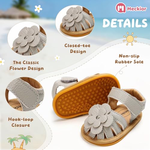 Image of Meckior Baby Toddler Infant Girls PU Leather Soft Open Toe Summer Sandals Flower Princess Flat Shoes
