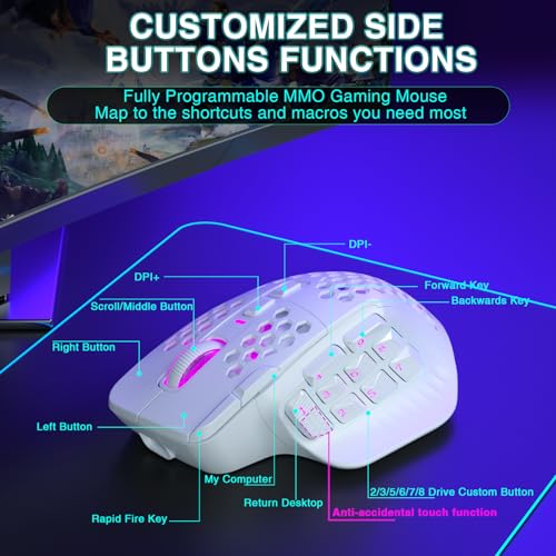 Image of SOLAKAKA SM809 Pro Gaming Mouse with 9 Side Buttons,24000 DPI RGB Mouse for Gamer,16 Programmable Macros MMO Mouse (Wireless, 1-white2)