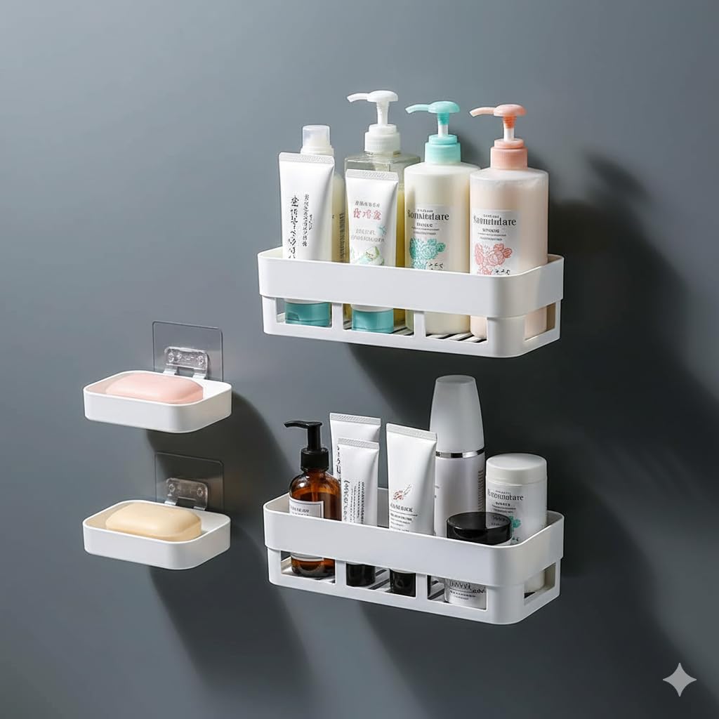 OBIXO Plastic Bathroom Shelf for Wall, Self-Adhesive Organiser with Towel Holder, Ideal Bathroom Accessories for Efficient Space Utilisation (2 Bathroom Shelves, 2 Soap Dish, White, 4 Pack)-picture-27