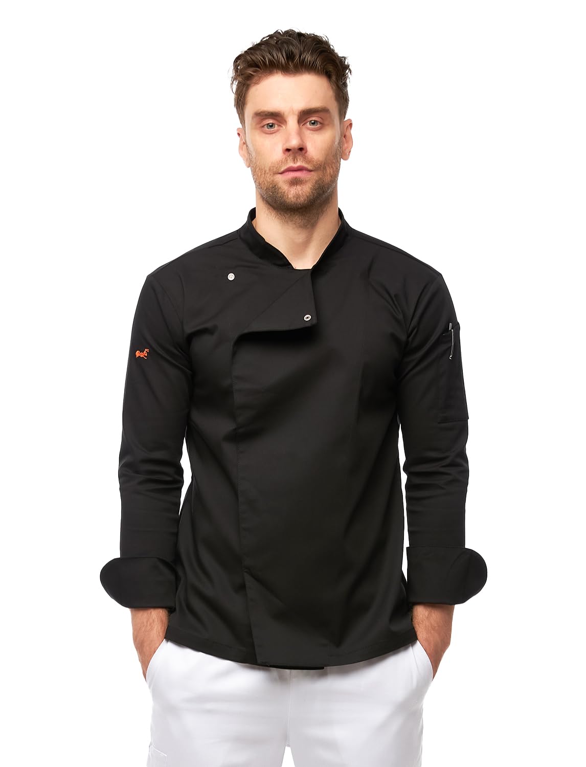 strongAnt Giacca da Chef Uomo a Maniche Lunghe con Bottoni a Pressione Slim Fit Uniforme Moderna per Panettiere - Nero, 2XL
