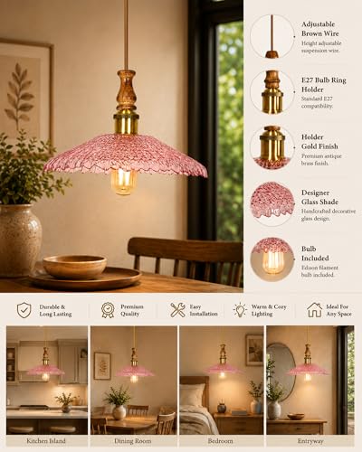 Image of Homesake Botanica Pendant Lamp | Petal Scalloped Glass Hanging Light with Solid Wood Top | Vintage European Ceiling Fixture, Pendant Light for Home Decor, Hallway, Kitchen & Balcony, (Ripple, Pink)