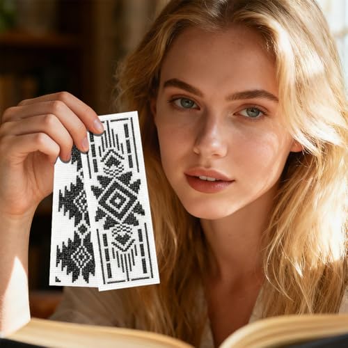 Image of INFUNLY 6pcs Aztec Print Cross Stitch Bookmark Kit for Beginners DIY Vintage Geometry Embroidery Bookmark Kits Black White Needlepoint Kit with Instruction Easy Cross Stitch Set for Book Lovers Reader