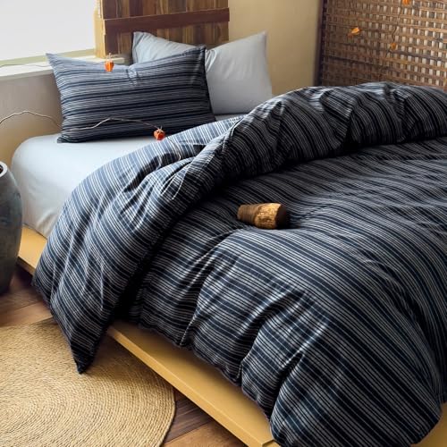 Image of VM VOUGEMARKET Blue White Stripe Duvet Cover Set - Soft Washed Cotton,Modern Neutral Ticking Pinstripe Minimalist, 3 Pieces,Navy Blue,Queen Size