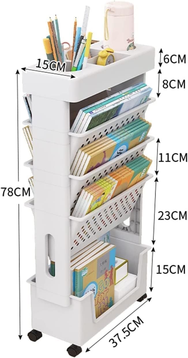 Estantería de escritorio móvil for el aula, carrito de utilidad rodante de 5 niveles con ruedas, organizador de escritorio, revistero de libros, carrito de almacenamiento delgado for el hogar, la coci