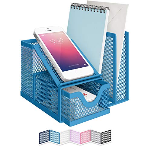 NEATERIZE Desk Organizer for Files - Sturdy Desktop Organizer for Home Office School College Dorm - Office Supplies and Accessories Organization Caddy for Sticky Notes Pens Pencils Holder - Blue