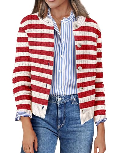 Zeagoo Women's 2025 Cardigan Sweaters Button Down Crew Neck Open Front Long Sleeve Knit Cropped Jackets Red White