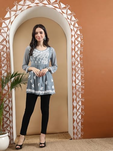 Image of Seva Chikan Hand Embroidered Lucknowi Chikankari Angarkha Georgette Top with Slip for Women SCL4041