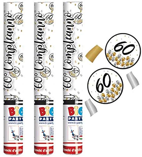 3X Cannone Tubo Sparacoriandoli 60 Anni - coriandoli Oro, Argento, Nero - Ideale per sessantesimo Compleanno, Anniversario, promessa, Matrimonio, Feste o Party
