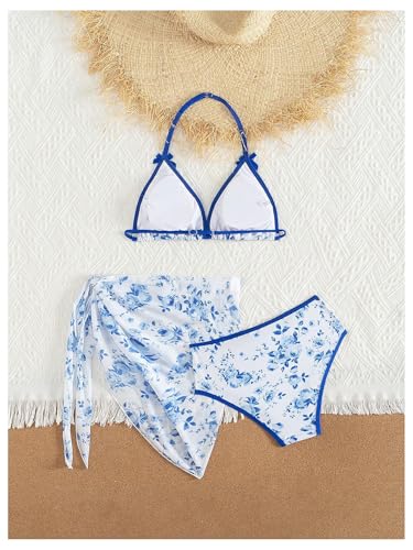 OYOANGLE Girl's 3 Piece Floral Print Bikini Swimsuit Triangle Halter Bathing Suits with Cover Up Beach Skirt2