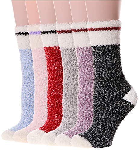 Womens Fuzzy Socks 6 Pairs Soft Warm Fluffy Cozy Cabin Stocking Stuffers Fleece Adult Plush Winter Sleep Slipper Socks (Style J (6 Pairs))