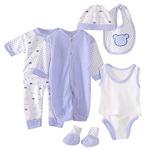 0-12 Meses,SO-buts 8pcs Recién Nacido Niño Bebé Niña Otoño Invierno Hospital Tops + Sombrero + Pantalones + Babero + Calcetines + Conjunto De Trajes De Mameluco (Azul Claro,0-3 meses)