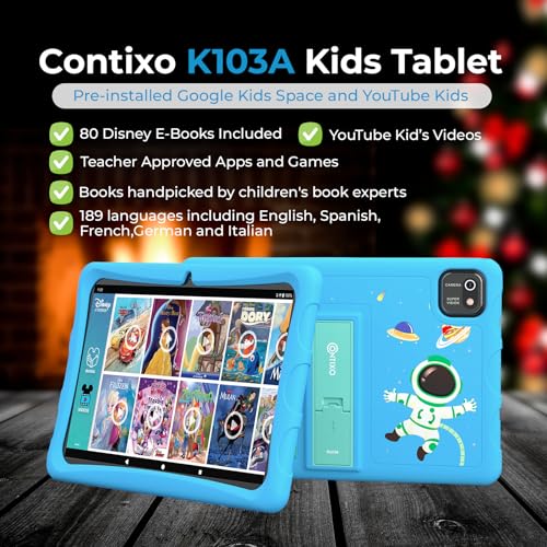 Image of Contixo Kids Tablet K103A - Learning Tablet for Kids with Games and Educational Apps, 10 inch, Android, 64GB, WiFi, Parental Control, Kid-Proof Case with Kickstand - Blue