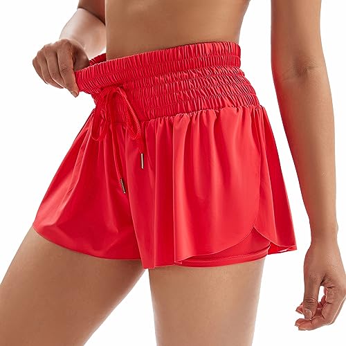 Flowy Women's Athletic Shorts High Waisted Gym Yoga Workout Running Butterfly Tennis Golf Skorts Skirts with Pockets Spandex Sweat Pants Cute Comfy Lounge Trendy Clothes Casual Summer Outfits Red M