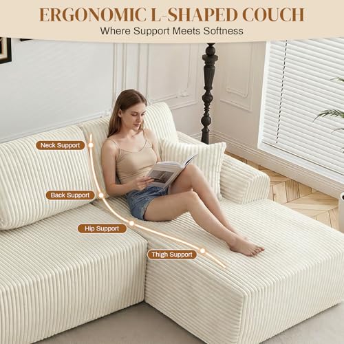 Image of 110 inch L Shaped Boneless Sectional Couches for Living Room, Comfy Corduroy Floor Cloud Sofa with Chaise, Wide Armrest, Deep Seat, Memory Foam, Assembly Free, Ideal for Small Spaces, Beige