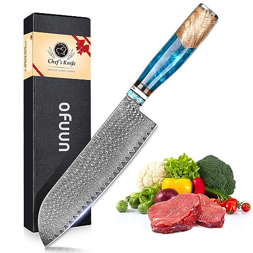 oFuun Cuchillo Santoku de Damasco, 17.5cm Cuchillo Chef Cuchillo Japoneses, 67 Capas Cuchillos Cocina profesional para Cortar Verdura, Fruta, Carne