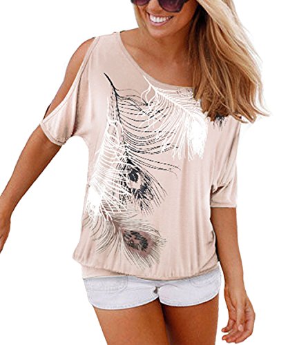 DoubleYI Damen Bluse Sommer Schulterfrei Oberteil Kurzarm Feder Druck Muster Jumper Lose Hemd Tops T-Shirt (M, Aprikose)
