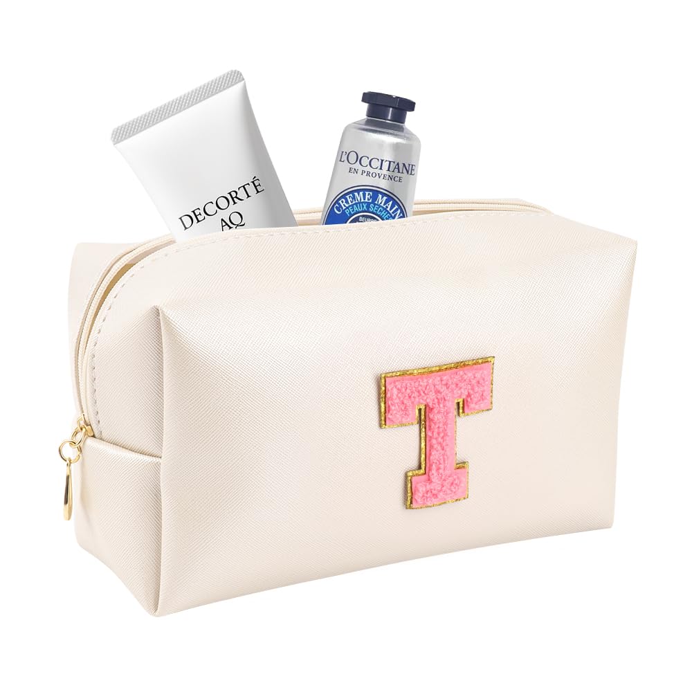 Preppy Large Makeup Bag-Customized Initial PU Leather Travel Cosmetic Bag,Ideal for Storing Makeup,Toiletries,and More,Gift for Women,Girlfriends,and Girls(Pearly White-Pink