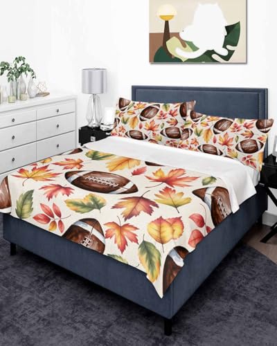 Full Size Flat Sheet Only, Football Autumn Maple Leaf Orange Bed Top Sheet Soft Microfiber Breathable Bedding Flat Sheets, Fallen Leaves Seamless Top Sheets Hotel Luxury