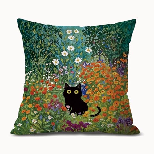 LIANGW Moody Black Cat Flower Pillow Covers 18x18, Black Cat Room Decor, Whimsical Cottagecore Kitten Floral Botanical Decorative Throw Pillow Covers Pillowcases for Bedroom Living Room Home Decor