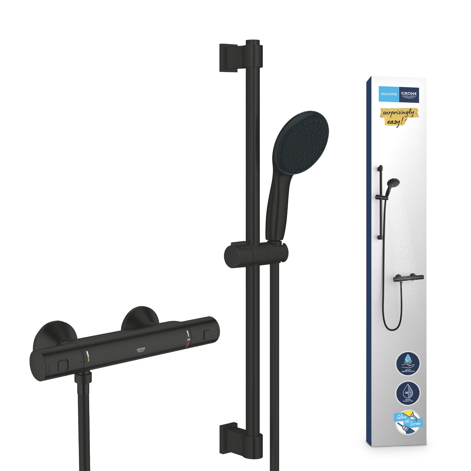 Grohe Precision Start Conjunto de ducha termostático 1/2" (teleducha redonda con 1 chorro, flexo de 1,75 m y barra de ducha de 60 cm, ahorro de agua, función de seguridad) Negro Mate, 345972431