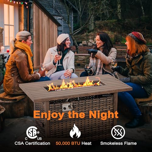 Image of Nuu Garden 43 inch Propane Fire Pit, CSA-Listed Rattan Outdoor Fire Pit Table, 50,000 BTU Smokeless Gas Fire Table with Lid and Glass Beads, 2-in-1 Rectangular Fire Table for Outside Backyard Patio, Brown