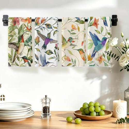 Image of 4Pcs Vibrant Watercolor Hummingbird Kitchen Towels, Artistic Floral Decorative Absorbent Microfiber Dish Cloth Tea Towel, Waffle Hand Towels for Farmhouse Home Bathroom, Bird Lover Gifts