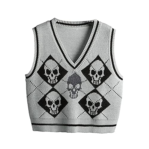 Image of jinghuiyue Women's Sleeveless Sweater Vest Halloween Skull Printed Knit Vest V Neck Crop Pullover Knitwear Tank Tops