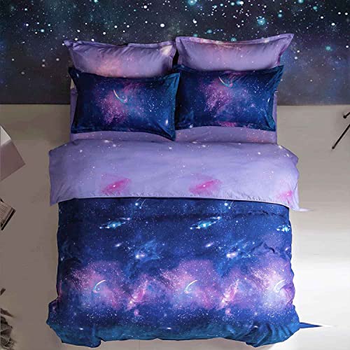 Etdiffe Galaxy Duvet Cover Queen Size - 3 Piece Modern Universe Star Printed Reversible Microfiber Comforter Cover Set - Soft And Lightweight Quilt Cover, Navy Blue And Purple #TOP2