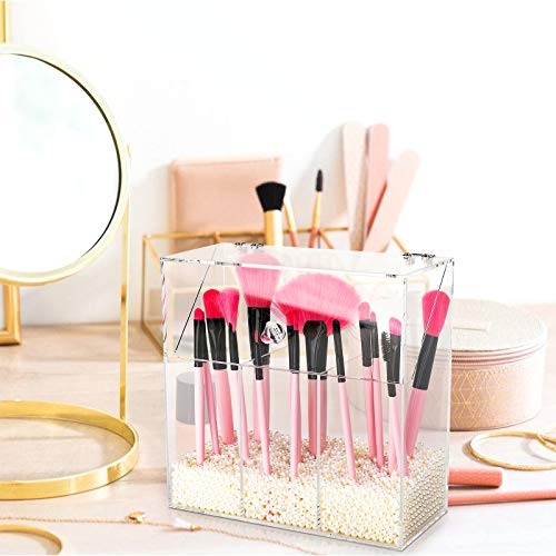 Acrylic Makeup Brush Holder with Dustproof Lid, MUZILAN Large Capacity Acrylic Clear Cosmetic Brush Storage Organizer for Vanity, with 3 Drawers and Pearls