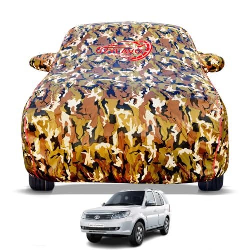 Image of Premium Car Cover for Tata Safari (2012-2018) Models | 100% Waterproof, UV & Dust Protection | Mirror & Antenna Pocket | Triple Stitched, Soft Inner Lining, Belt & Buckle (Jungle Print)