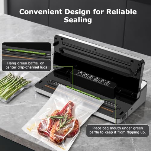 Image of Bonsenkitchen Vacuum Sealer Machine with 1 Roll & 5 Airtight Bags, 5 Vacuum Modes, 80 kPa Powerful Suction, Built-in Cutter & Bag Storage - Silver
