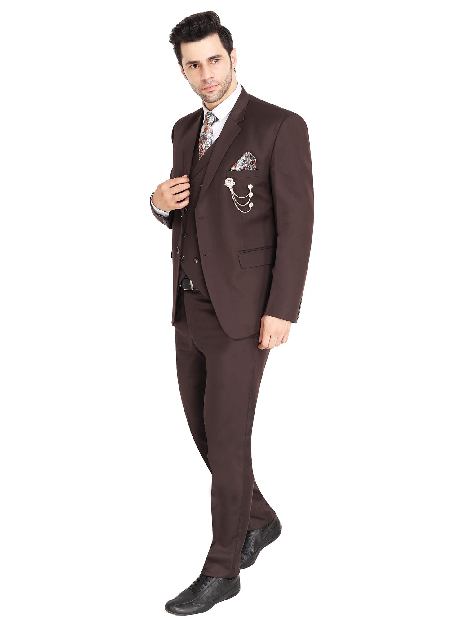 VYOM Enterprise Men's Slim Fit Tuxedo 3 Pieces Suit Set Notch Lapel Suit with Double Breasted Waistcoat Crocodile (34, Brown)-picture-37