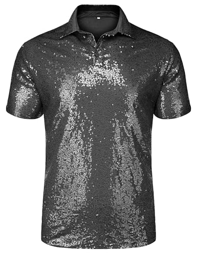 URRU Men's Relaxed Short Sleeve Turndown Sparkle Sequins Polo Shirts 70s Disco Nightclub Party Shirt Top2
