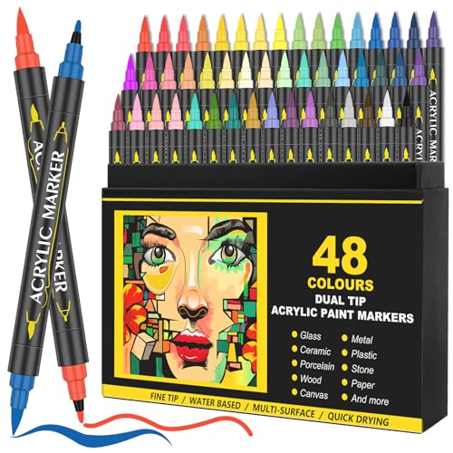 La mejor comparación de Marcadores Top 5. 46 Rotuladores de Doble Pintura Acrílica, 48 colores con punta de pincel y punta fina (doble punta) Rotuladores para pintar rocas, madera, plástico, lienzo, vidrio, cerámica,...