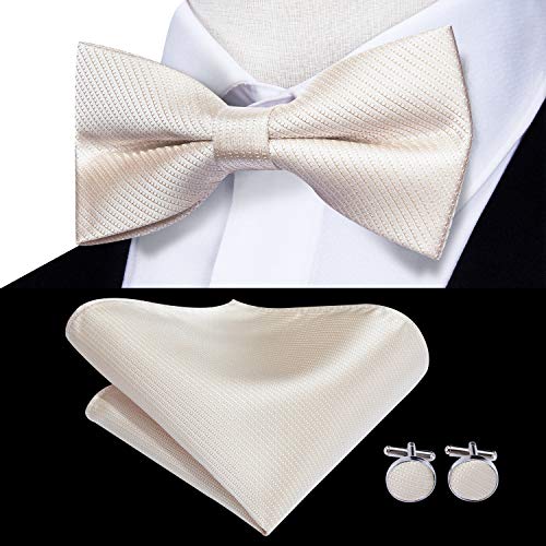 Image of Hi-Tie 5Pcs Mens Solid Color Silk Tie Satin Pretied Bowtie Lapel Pin for Men Handkerchief Cufflink Wedding Gift Box
