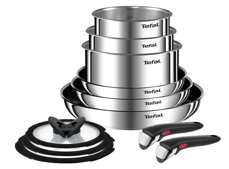 Tefal Ingenio Emotion Batterie de cuisine en acier inoxydable 11 pièces casseroles 16/18/20 cm, poêles 22/24/28 cm, 3 couvercles en verre, 2 poignées...