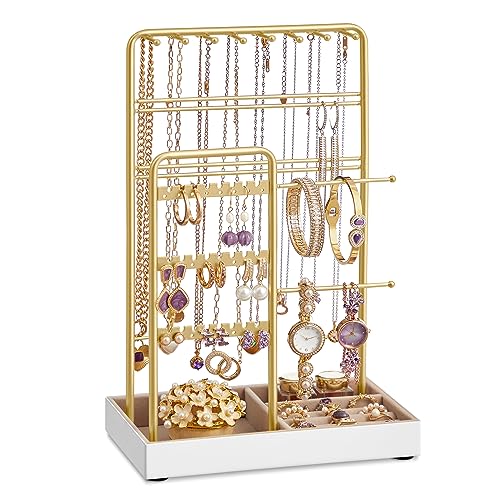 SONGMICS Soporte para Joyas, Organizador de Joyas, Expositor de Joyas, Marco de Metal, Bandeja de Terciopelo, para Collares, Pulseras, Pendientes, Tachuelas, Anillos, Regalo, Dorado JJS021A01