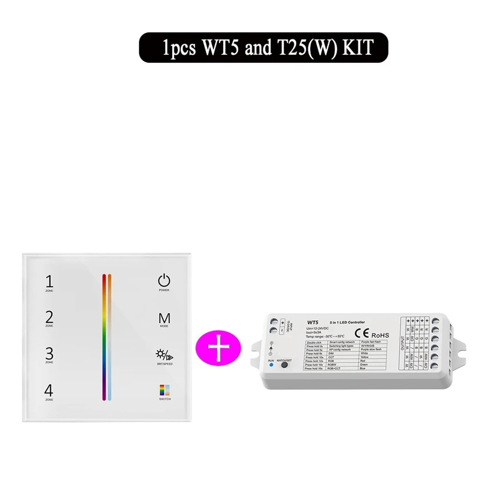 RGBCCT - Kit controller per striscia luminosa a LED, DC 12 V 24 V, dimmer 2,4 G, 4 zone, montaggio a parete con pannello touch (1 kit WT5 e T25W)