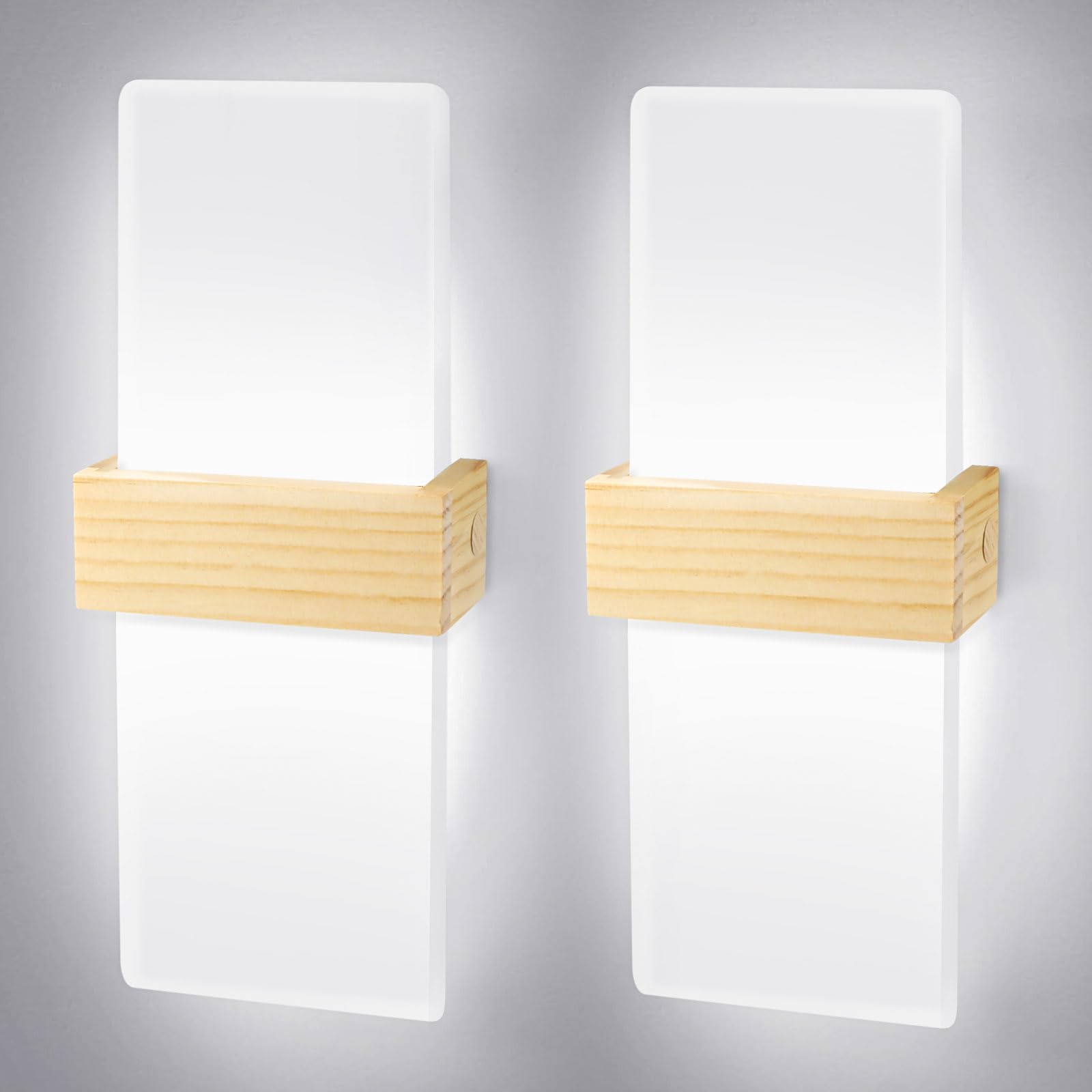 2 Pezzi Applique LED da Parete Interno 12W 6500K Acrilico Scocca in Legno | JaneYi Bianco Freddo Lampada Moderna Up & Down Illuminazione da Parete per Corridoio Scala Soggiorno Camera da Letto