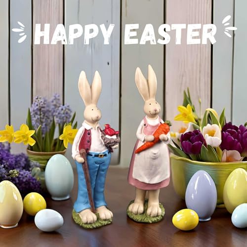 9.06" Hand-Painted Bunny Couple Statue Set - Resin Easter Decor