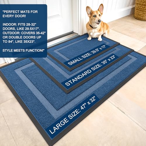 Image of OLANLY Front Door Mat Indoor Outdoor Entrance, Waterproof All-Season, All-Weather Doormat, Sturdy Natural Rubber, Fade Resistant, Low Profile, Easy Clean Patio Porch Entryway Mat, 29.5x17, Light Blue