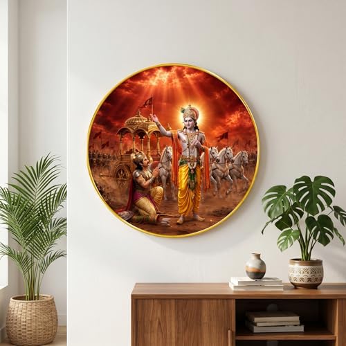 Image of SAF Bhagavad Gita Krishna Arjuna Wall Art with PVC Round Frame | Sparkle Laminated Mahabharat Kurukshetra Divine Painting | Spiritual Wall Decor for Home Temple Living Room Office Gift