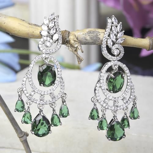Image of ZENEME Rhodium-Plated American Diamond Studded Oval & Leaf Shaped Drop Earrings For Girls and Women
