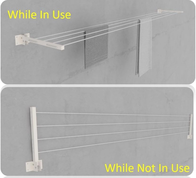 Powder Coated Metal Cloth Drying Stand Foldable for Wall Mounted/Mounting Clothes Drying Stand/Cloth Drying Racks for Bathroom/Balcony/Indoor/Outdoor with 40 Feet Rope (Pack of 1, Ivory)
