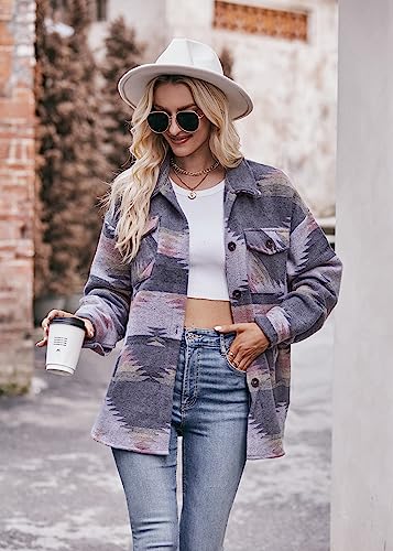 Womens Shackets Fashionn 2024 Aztec Print Button Down Shirt Jacket Tweed Outfit Pea Coat Winter Fall Warm Outerwear3