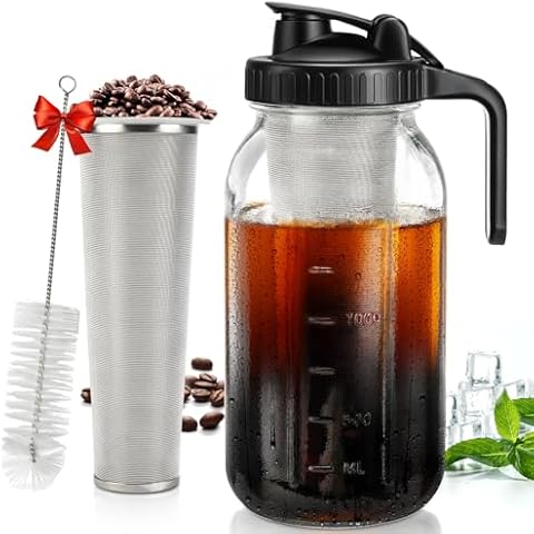 DWTS DANWEITESI Cold Brew Coffee Maker 64 oz,2-Quart Wide Mouth Cold Brew Maker with Stainless Steel Cold Brew Filter-Mason Jar Pitcher with Lid and Spout for Coffee,Iced Coffee Accessories(Black) Cover